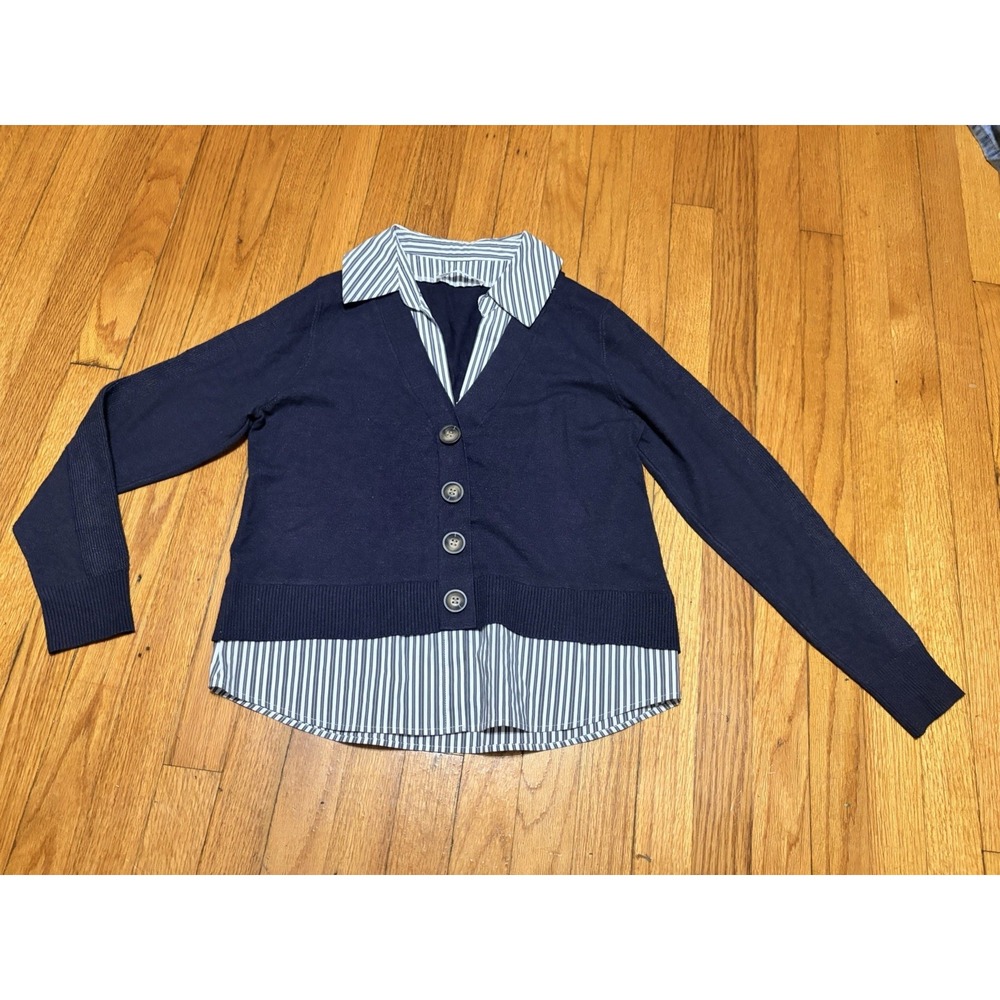 Sioni Collared Layered Cardigan In Stripe Bottom Shirt Size Small Preppy